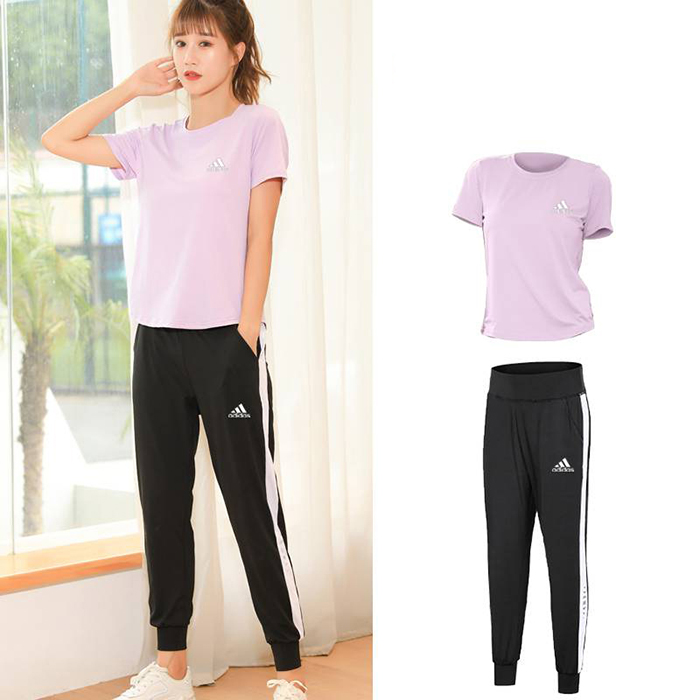 Adidas 2 Piece Set Quick drying Yoga For Women's Running Fitness T-Shirt Sports Wear Fitness Clothing Women Training Set Pants Sport Suit-3773001