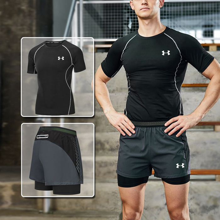 Under Armour 2 Piece Set Quick drying For men's Running Fitness Sports Wear Fitness Clothing men Training Set Sport Suit-1472575