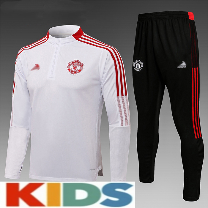 21-22 Manchester United M-U White Kids Edition Classic Jacket Training Suit (Top+Pant)-6594483