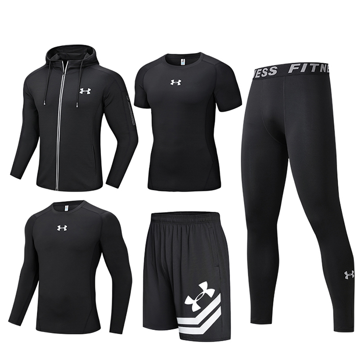 5 Piece Set Quick drying For men's Running Fitness Sports Wear Fitness Clothing men Training Set Sport Suit-All Black-9677853