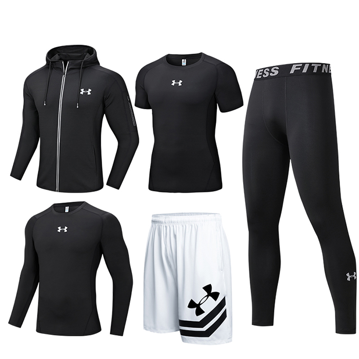 5 Piece Set Quick drying For men's Running Fitness Sports Wear Fitness Clothing men Training Set Sport Suit-Black/White-7624854