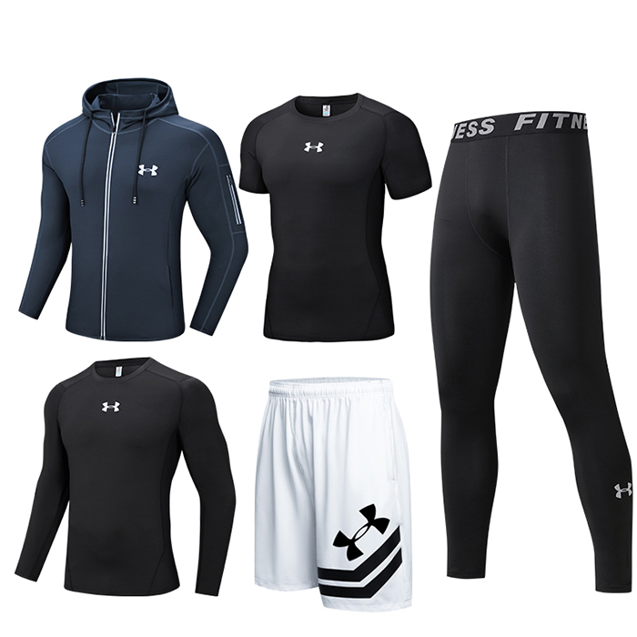 5 Piece Set Quick drying For men's Running Fitness Sports Wear Fitness Clothing men Training Set Sport Suit-Black/White-3887338