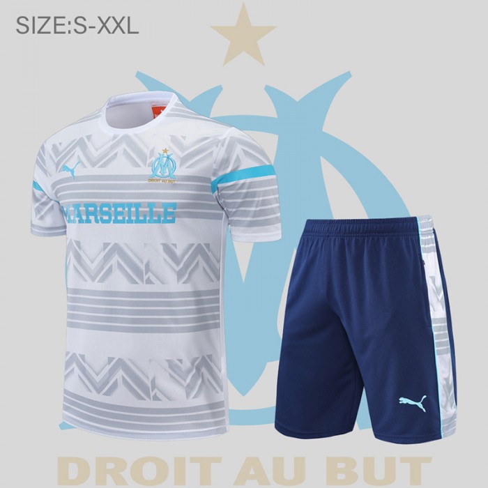 22/23 Olympique de Marseille Training Suit Short Sleeve Kit White Grey Suit (Shirt + Short )-7366158
