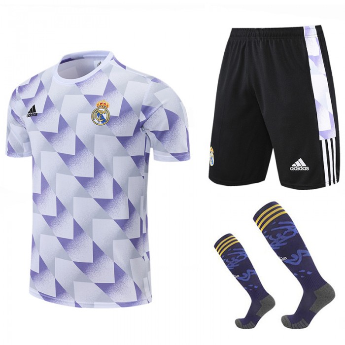 22/23 Real Madrid White Purple kit Training Suit Shorts Kit Jersey (Shirt + Short +Short)-9014679