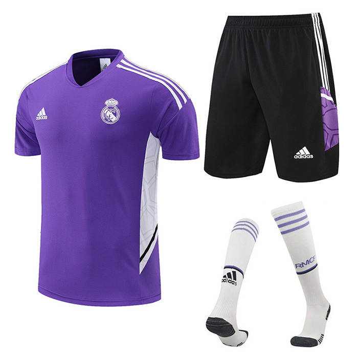 22/23 Real Madrid Purple training suit short sleeve kit Jersey (Shirt + Short+Sock)-6957883
