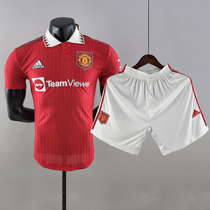 22/23 Manchester United M-U Homen Red Suit White Suit Shorts Kit Jersey (Shirt + Short ) (Player Version)-6878553