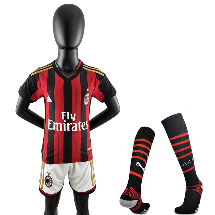 13/14 Retro AC Milan kids home Red Black Kids suit short sleeve kit Jersey (Shirt + Short + sock )-9067333