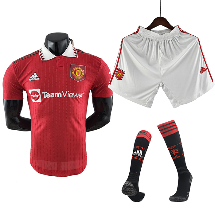 22/23 Manchester United M-U Homen Red Suit White Suit Shorts Kit Jersey (Shirt + Short +Sock) (Player Version)-4402269