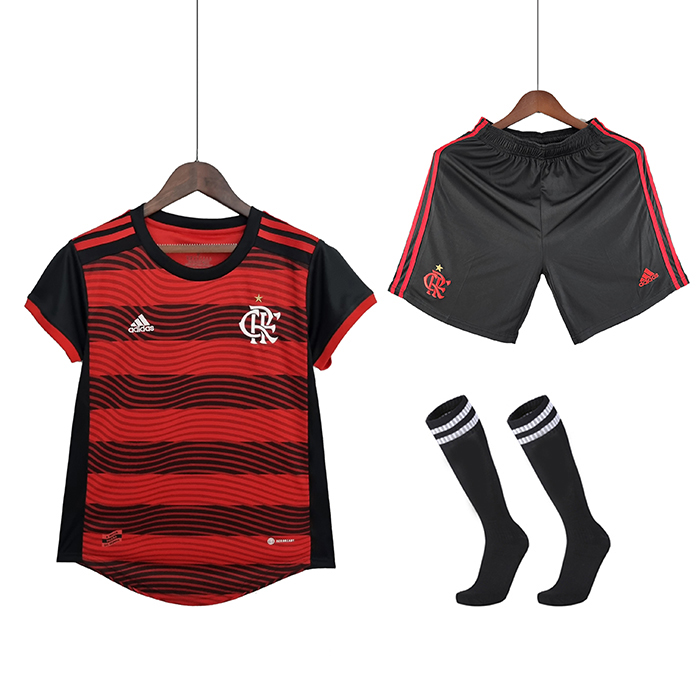 22/23 Women Flamengo Home Red Black Suit Shorts Kit Jersey (Shirt + Short +Sock)-5136092