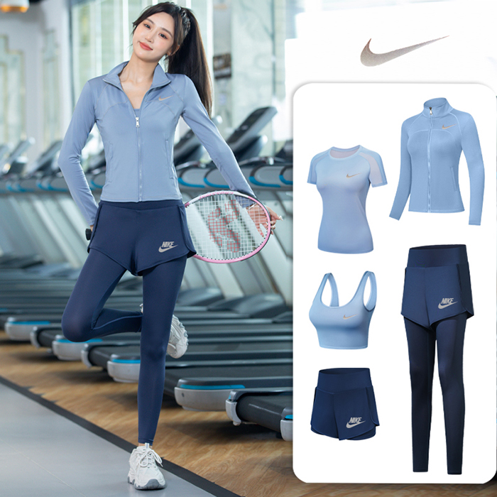 5 Piece Set Quick drying For Women Running Fitness Sports Wear Fitness Clothing Women Training Set Sport Suit-Blue-6613440