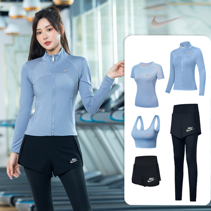 5 Piece Set Quick drying For Women Running Fitness Sports Wear Fitness Clothing Women Training Set Sport Suit-Blue-7814457