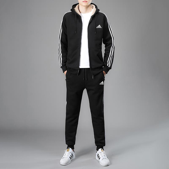 Adidas 2 Piece Windbreaker Jacket Zipper Long sleeve Long pants Suit Autumn Casual Clothes-Black-1283046