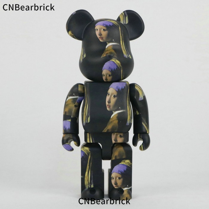 Bearbrick girl building block bear with pearl earrings 400% trendy play doll violent bear doll-Grey-9392902