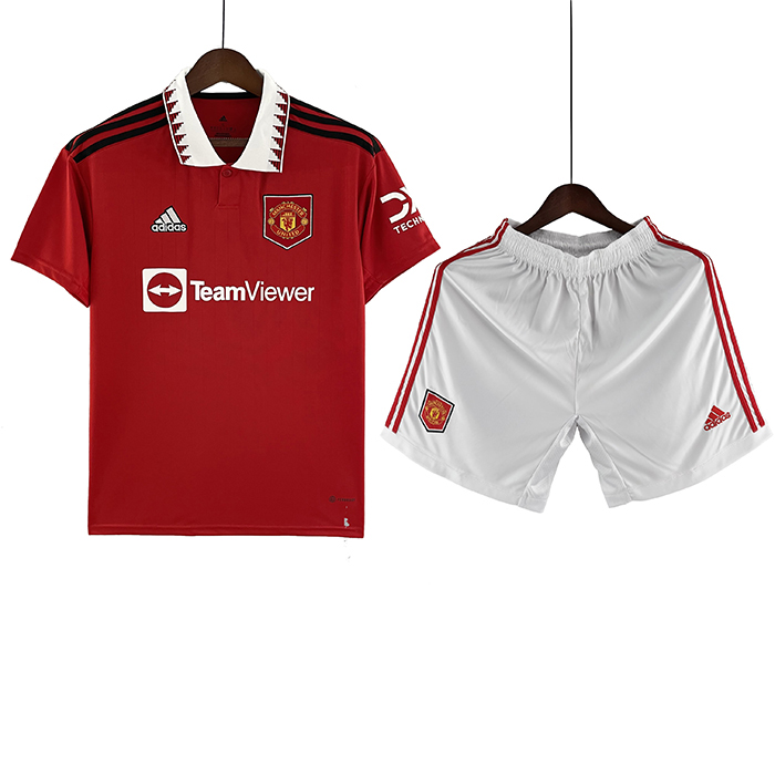 22/23 Manchester United M-U Home Red suit short sleeve kit Jersey (Shirt + Short)-5964362