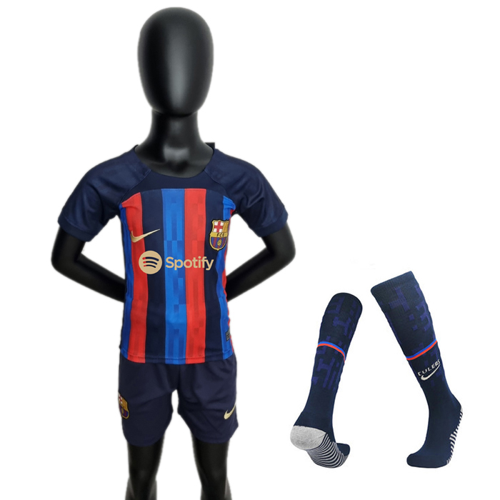 22/23 kids Barcelona Home Navy Blue Kids suit short sleeve kit Jersey (Shirt + Short+Sock)-2183872