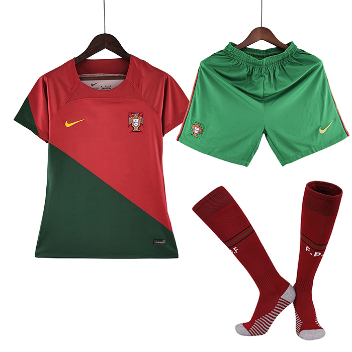 2022 World Cup National Team Portugal Home Red Green Women suit short sleeve kit Jersey (Shirt + Short +Sock)-6360518
