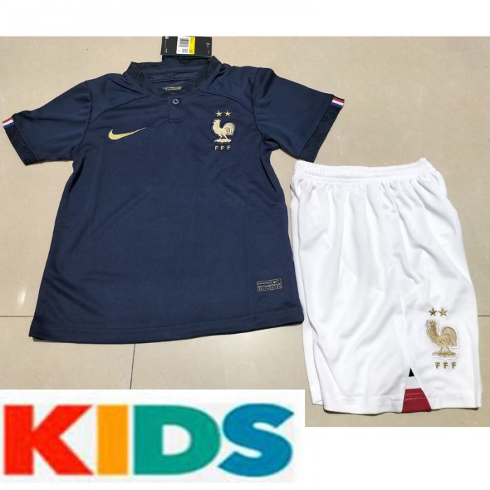 2022 World Cup National Team France home Navy Blue Jersey Kids suit (Shirt + Short )-7374876