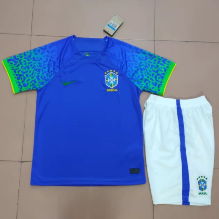 2022 World Cup National Team Brazil Home Blue suit short sleeve kit Jersey (Shirt + Short)-6876856