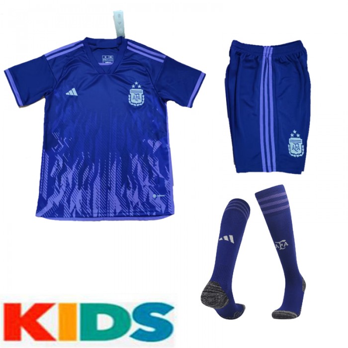 2022 World Cup Kids Argentina 3-Star Home Blue White Kids Jersey Kit short sleeve (Shirt + Short+Sock)-7542654
