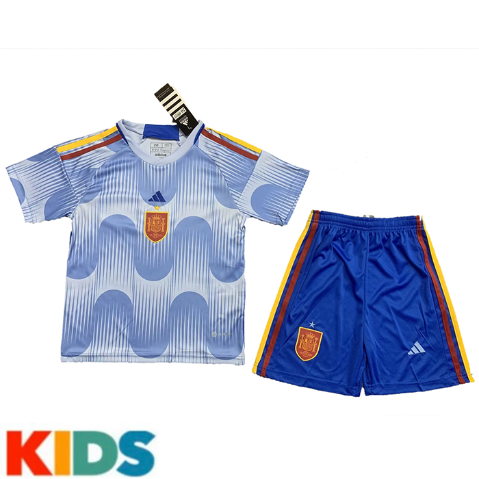 2022 World Cup Kids Spain Away Kids Blue White Jersey Kit short sleeve (Shirt + Short)-8828405