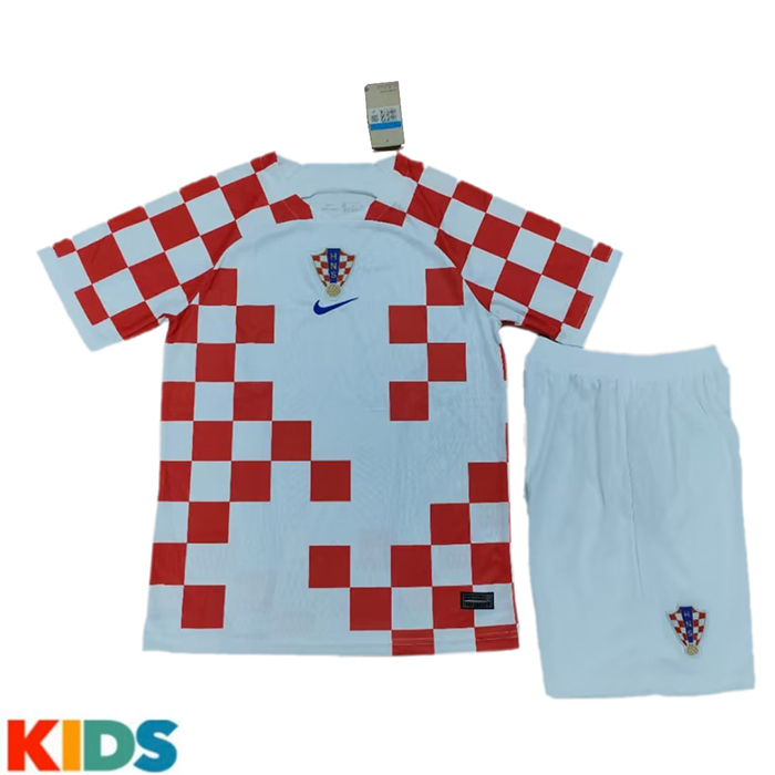 2022 World Cup Kids Croatia Home Kids White Red Jersey Kit short sleeve (Shirt + Short)-3440526