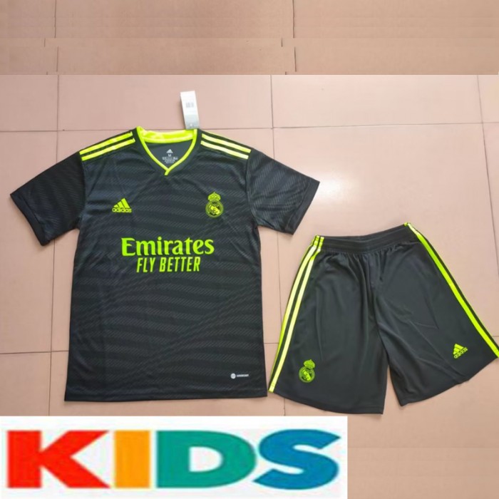 22/23 Real Madrid Third Away Kids Black Green Jersey Kit short sleeve (Shirt + Short)-6731488