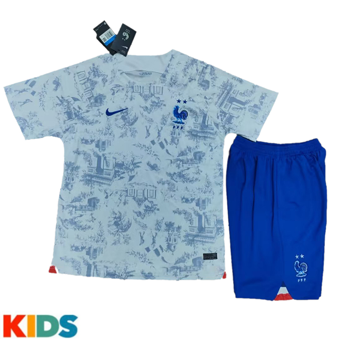 2022 World Cup Kids France Away Kids White Grey Jersey Kit short sleeve (Shirt + Short)-4831720
