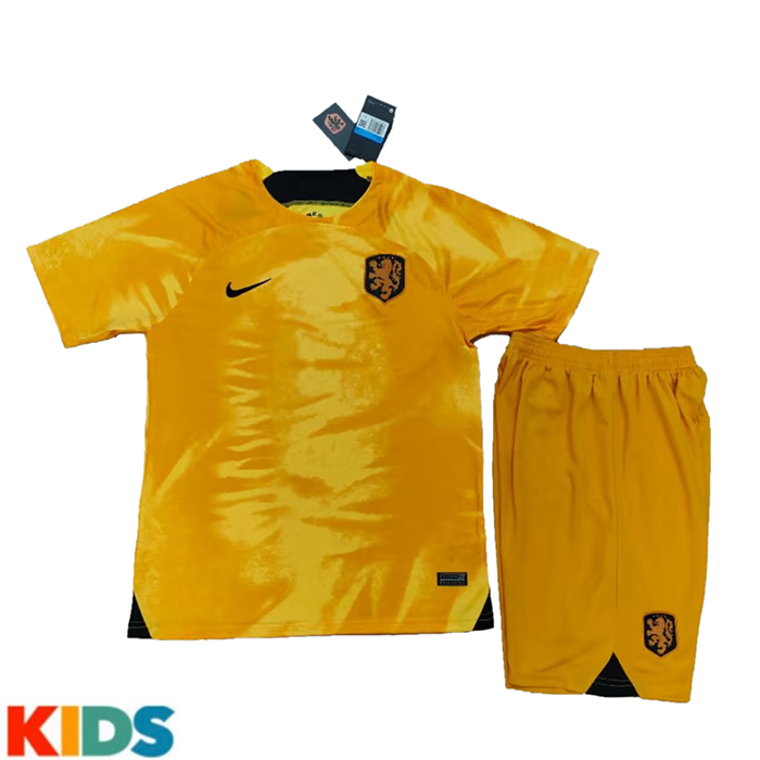2022 World Cup Kids Netherlands Home Kids Gold Jersey Kit short sleeve (Shirt + Short)-6117623