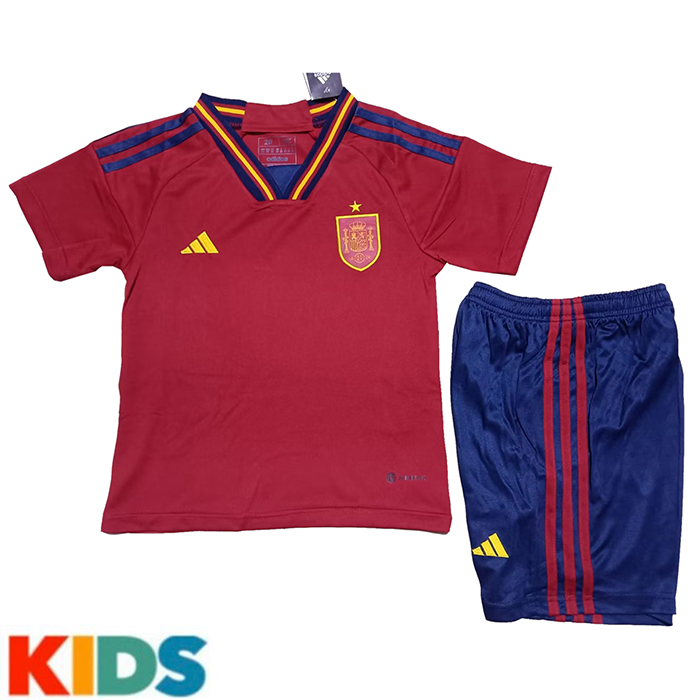 2022 World Cup Kids Spain Home Kids Red Jersey Kit short sleeve (Shirt + Short)-217569