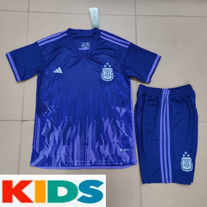 2022 World Cup Kids Argentina 3-Star Home Blue White Kids Jersey Kit short sleeve (Shirt + Short)-4720304