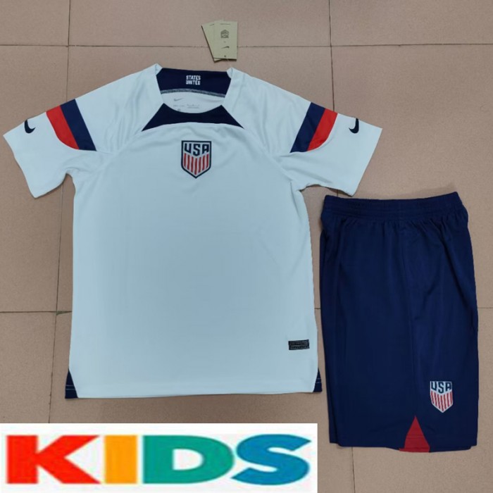 2022 World Cup Kids USA Home Kids White Jersey Kit short sleeve (Shirt + Short)-3002585