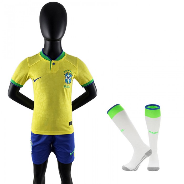2022 World Cup Brazil home Kids Yellow Jersey Kit short sleeve (Shirt + Short +Sock)-645430