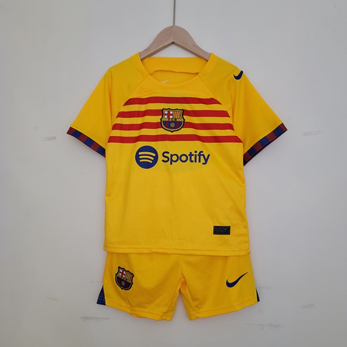 22/23 Barcelona Fourth Away Kids Yellow Jersey Kit short sleeve (Shirt + Short )-1979416