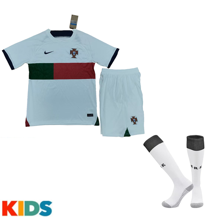 2022 World Cup Portugal Home Kids White Jersey Kit short sleeve (Shirt + Short +Sock)-8555615