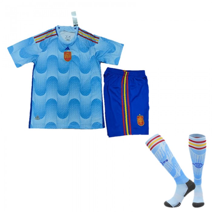 2022 World Cup Spain Away Blue suit short sleeve kit Jersey (Shirt + Short +Sock)-4528317