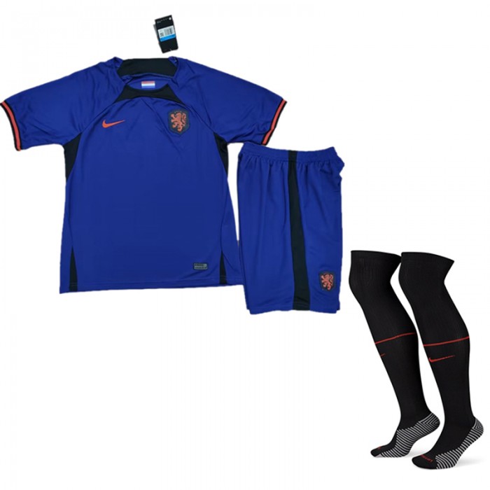 2022 World Cup Netherlands Away Navy Blue suit short sleeve kit Jersey (Shirt + Short +Sock)-1438036