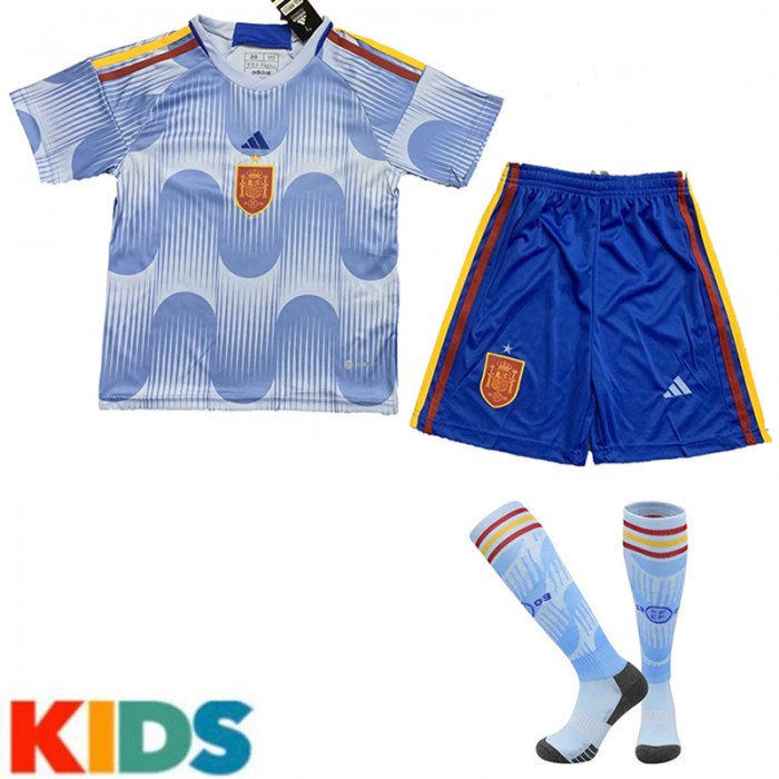 2022 World Cup Spain Away Kids Blue Jersey Kit short sleeve (Shirt + Short +Sock)-794869