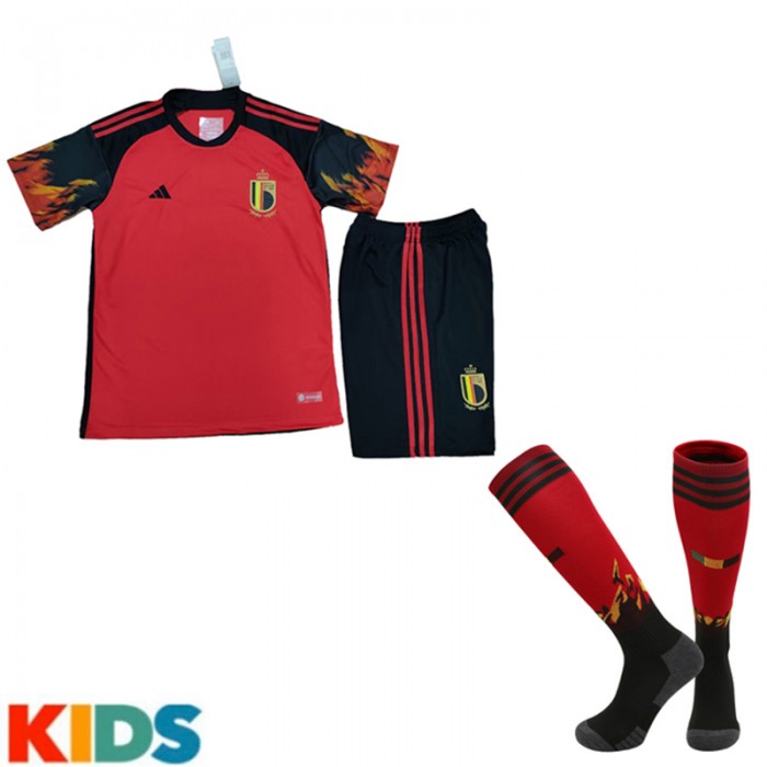 2022 World Cup Belgium Home Kids Red Jersey Kit short sleeve (Shirt + Short +Sock)-2474299