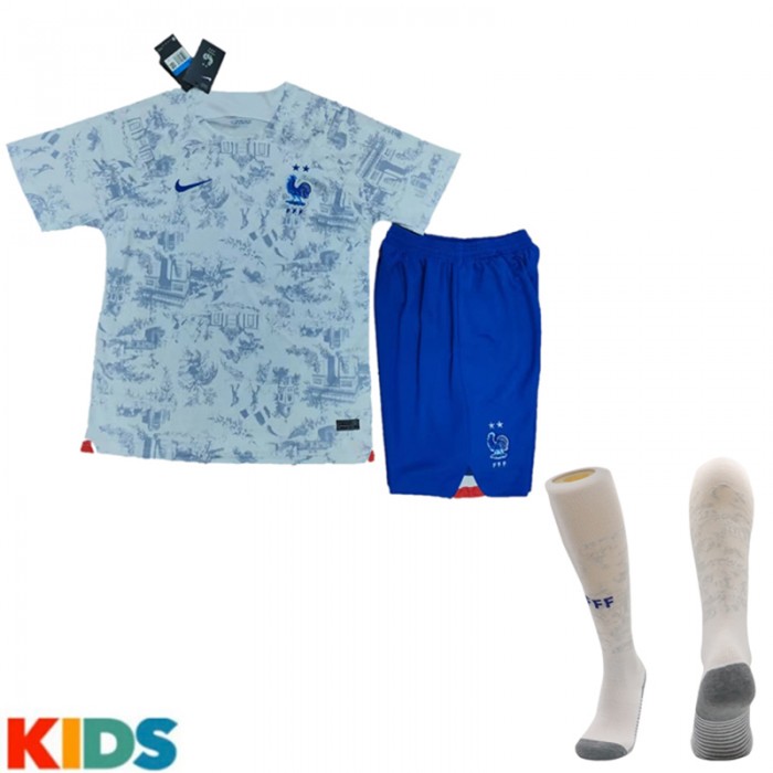 2022 World Cup France Away Kids White Jersey Kit short sleeve (Shirt + Short +Sock)-8102213