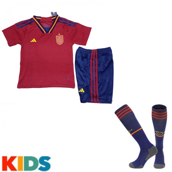2022 World Cup Spain Home Kids Red Jersey Kit short sleeve (Shirt + Short +Sock)-4571530