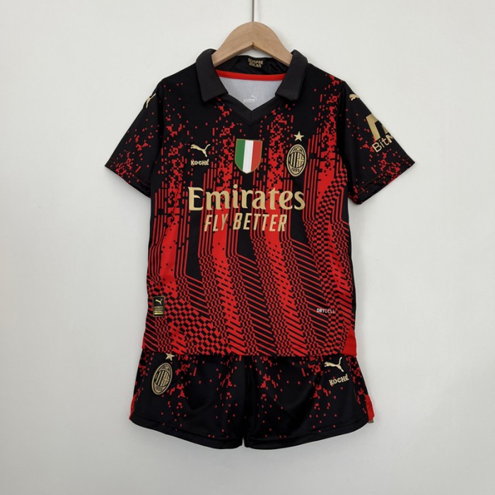 22/23 kids AC Milan Fourth away Red Black Jersey Kit short sleeve (Shirt + Short)-5688365