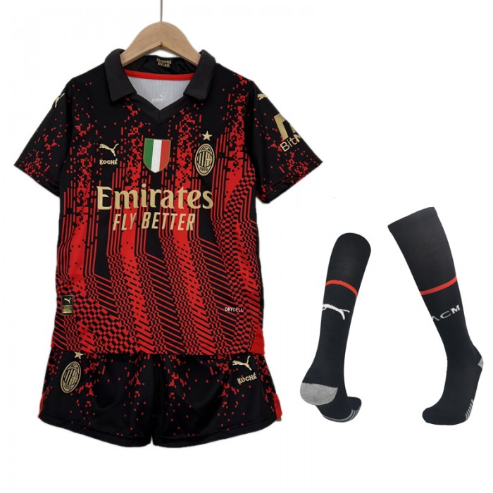 22/23 kids AC Milan Fourth away Red Black Jersey Kit short sleeve (Shirt + Short +Sock)-463496
