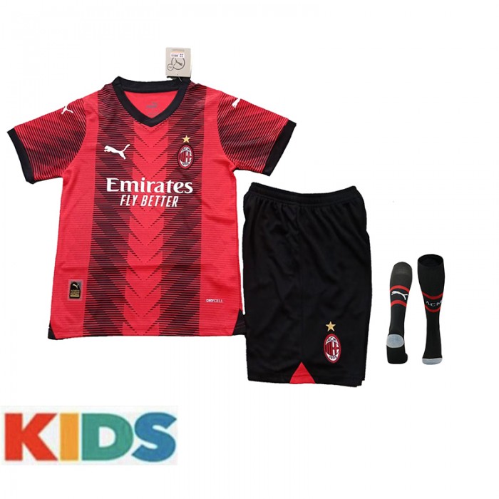 23/24 Kids AC Milan home Black Red Kids Jersey Kit short sleeve (Shirt + Short +Socks)-7099492