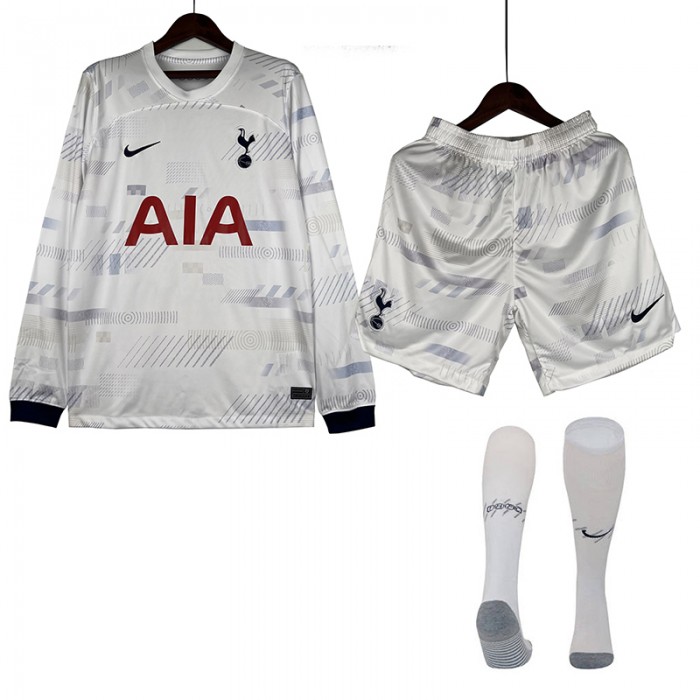 23/24 Tottenham Hotspur Home White Gray Jersey Kit Long Sleeve (Long Sleeve + Short + Socks)-9903211