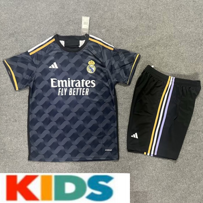 23/24 Kids Real Madrid Away Black Gray Kids Jersey Kit short sleeve (Shirt + Short)-3808225