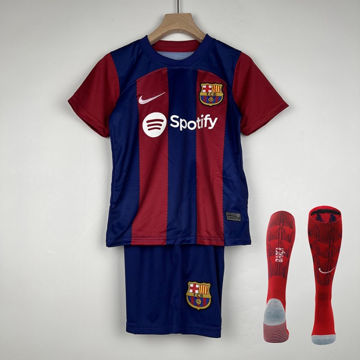 23/24 Kids Barcelona Home Blue Red Kids Jersey Kit short Sleeve (Shirt + Short + Socks)-6096092
