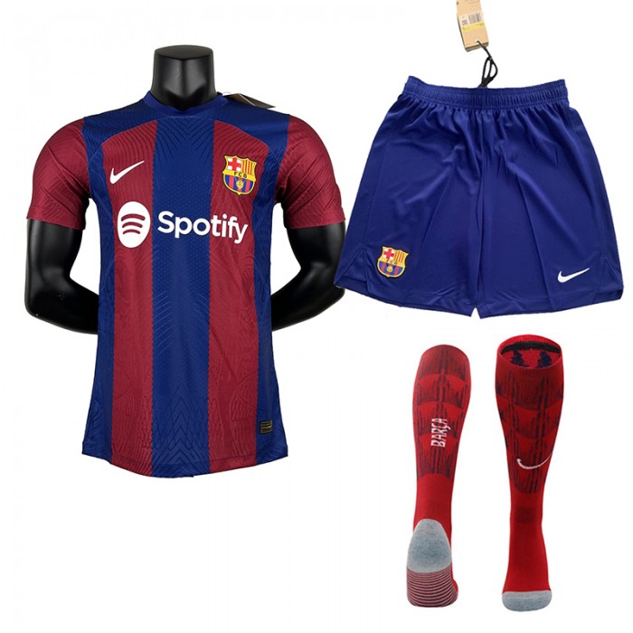 23/24 Barcelona Home Blue Red Jersey Kit short Sleeve (Shirt + Short + Socks) (player version)-7809978