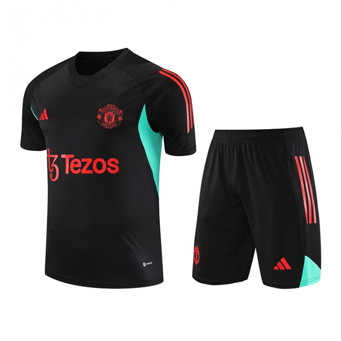 23/24 Manchester United M-U Black Red Training jersey Kit short sleeve (Shirt + Short)-734202