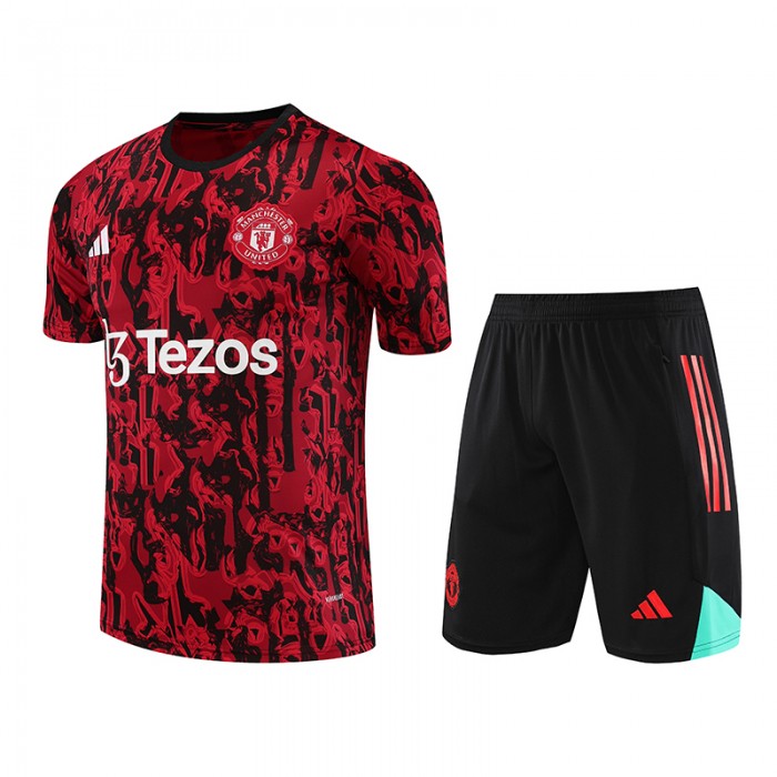 23/24 Manchester United M-U Red Black Training jersey Kit short sleeve (Shirt + Short)-8106303