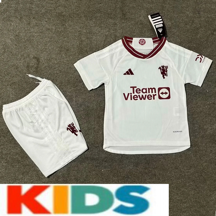 23/24 Kids Manchester United M-U Second Away White Kids Jersey Kit short Sleeve (Shirt + Short)-1884842